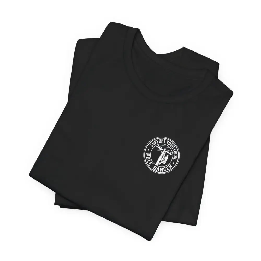 Black t-shirt with local pole dancer logo tee