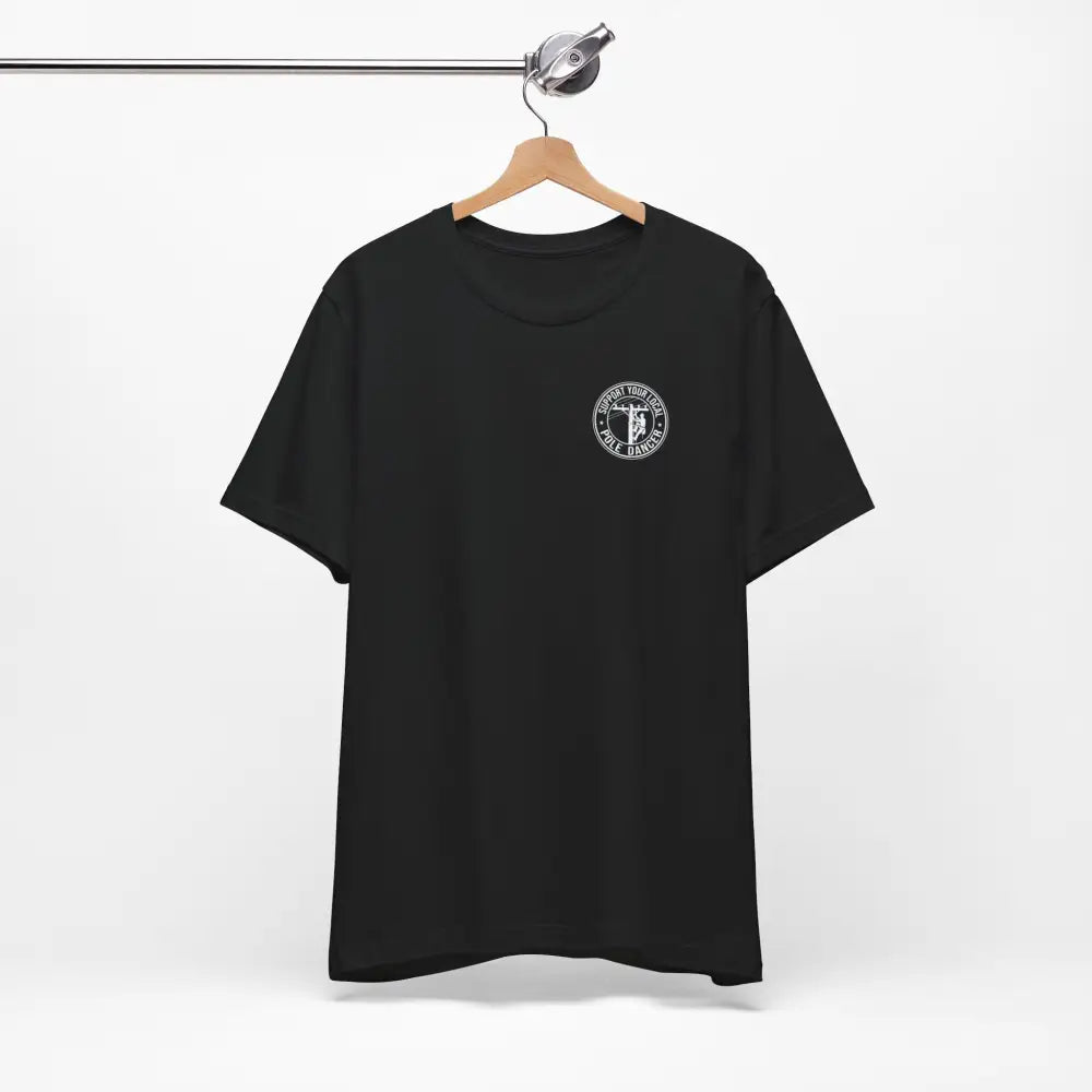 Black short-sleeved tee with local pole dancer logo on chest