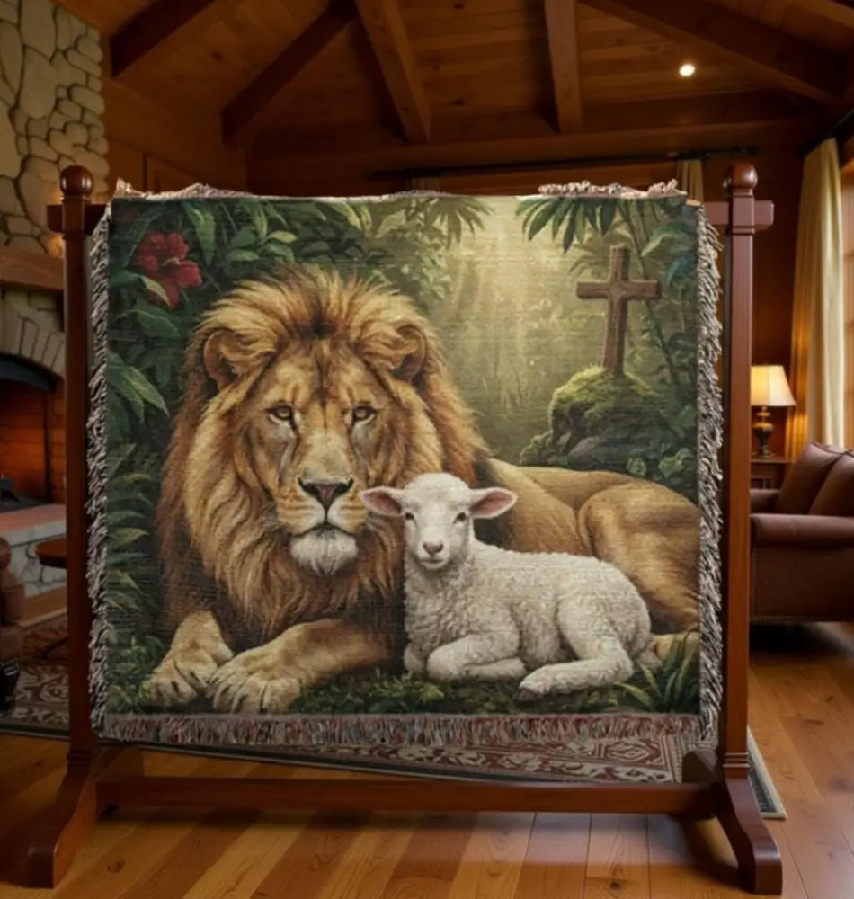 Majestic lion and lamb on heritage faith tapestry woven throw