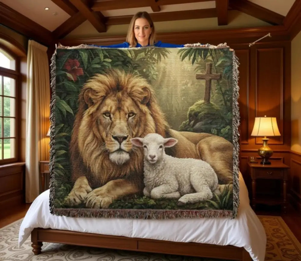 Majestic lion and lamb on heritage faith tapestry woven throw