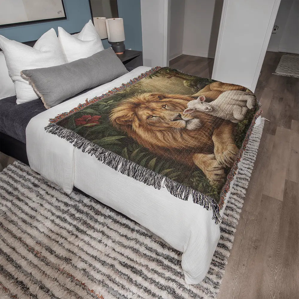 Lion and lamb woven throw in heritage faith tapestry design
