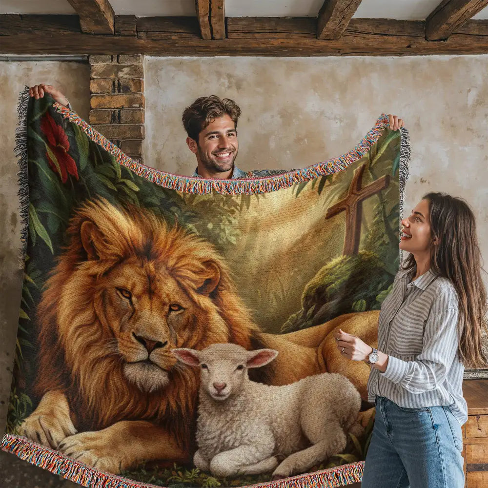 Majestic golden lion and serene white lamb on heritage faith tapestry woven throw