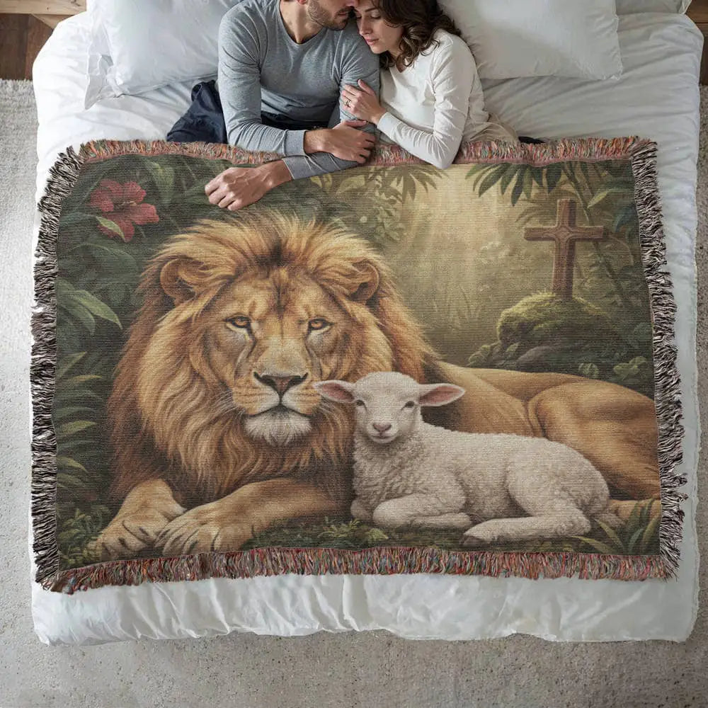 Golden-brown lion and white lamb on heritage faith tapestry woven throw