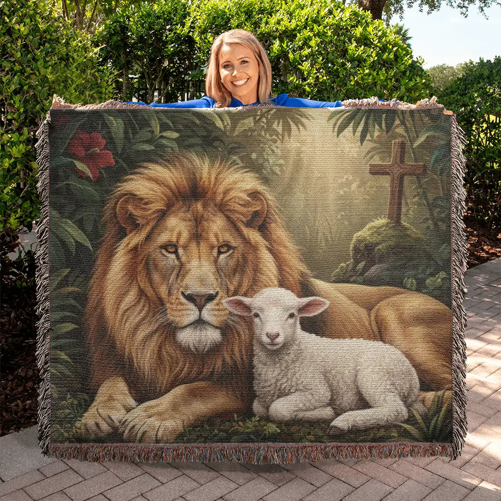 Lion and lamb heritage faith tapestry woven throw in jungle