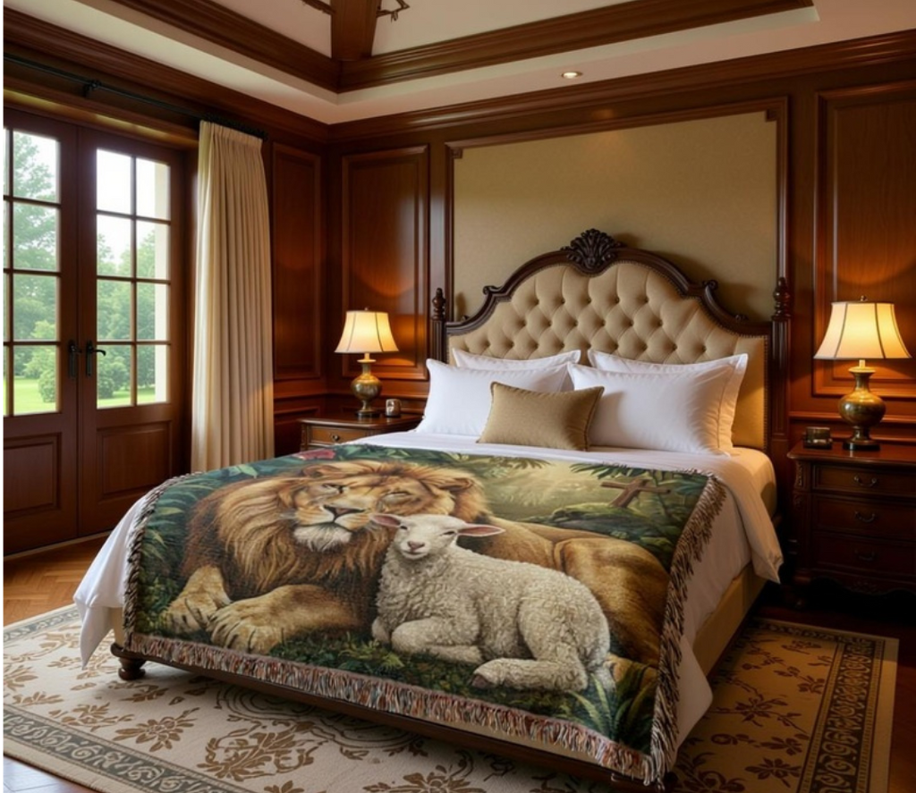 Lion and Lamb woven throw blanket featuring a heritage faith tapestry design with classic fringe detail
on bed