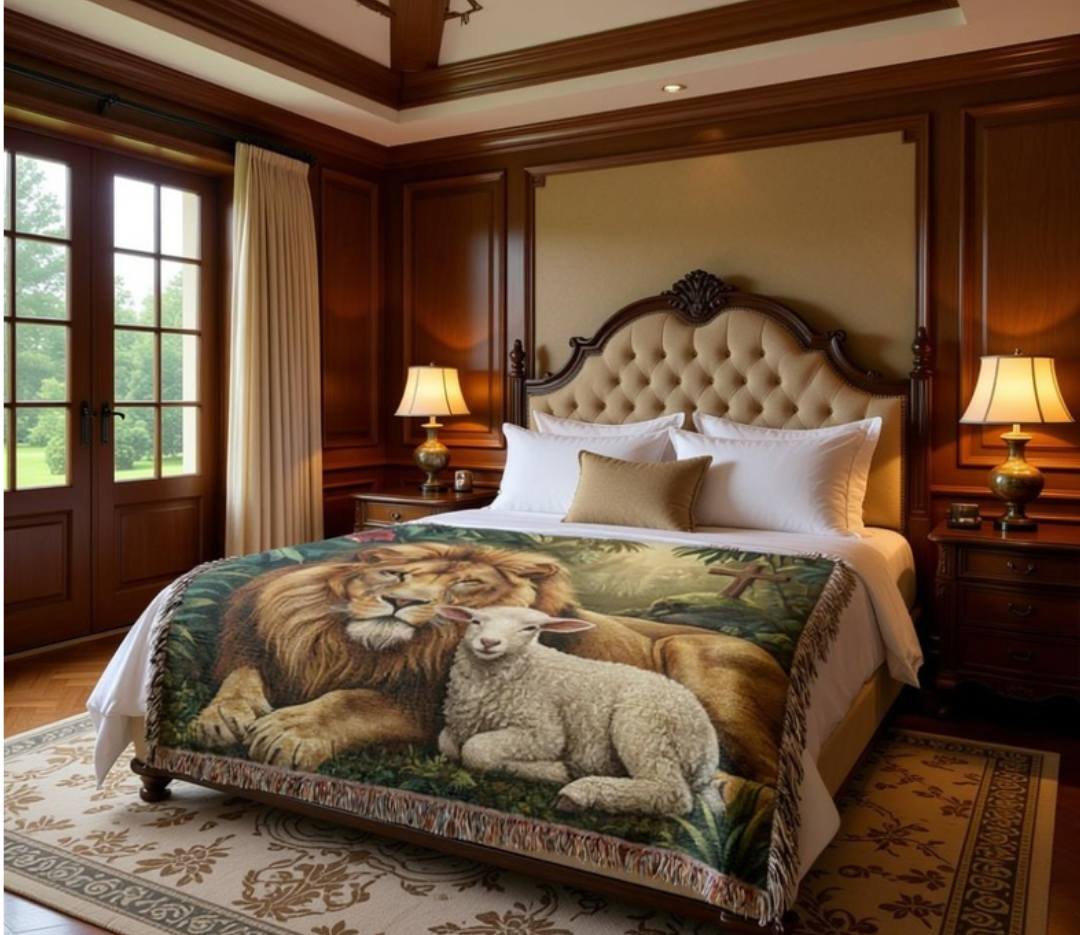 Lion and Lamb woven throw blanket featuring a heritage faith tapestry design with classic fringe detail
on bed