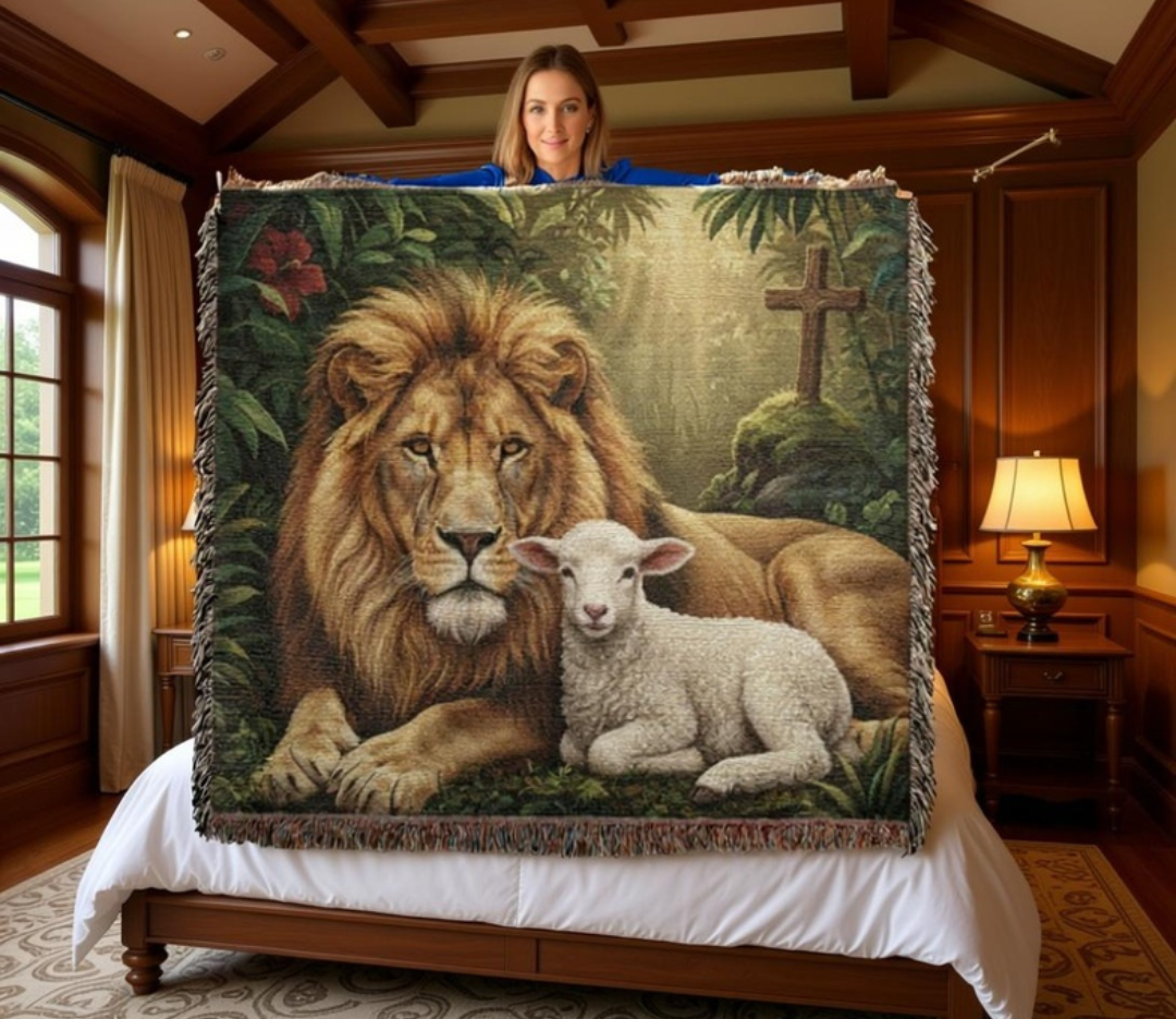 Person holding a blanket with a lion and lamb design in a room.