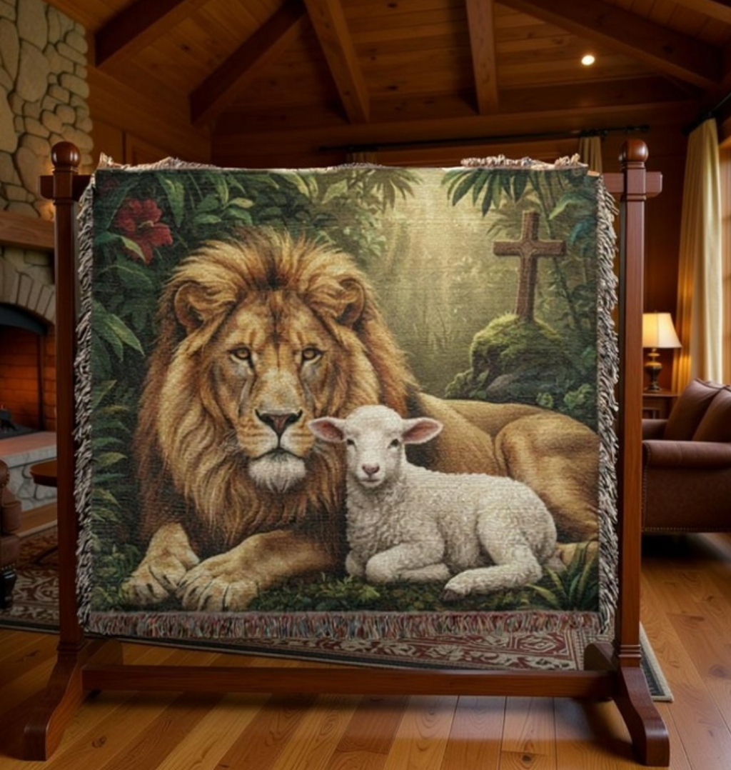 Lion and Lamb woven throw blanket featuring a heritage faith tapestry design with classic fringe detail

