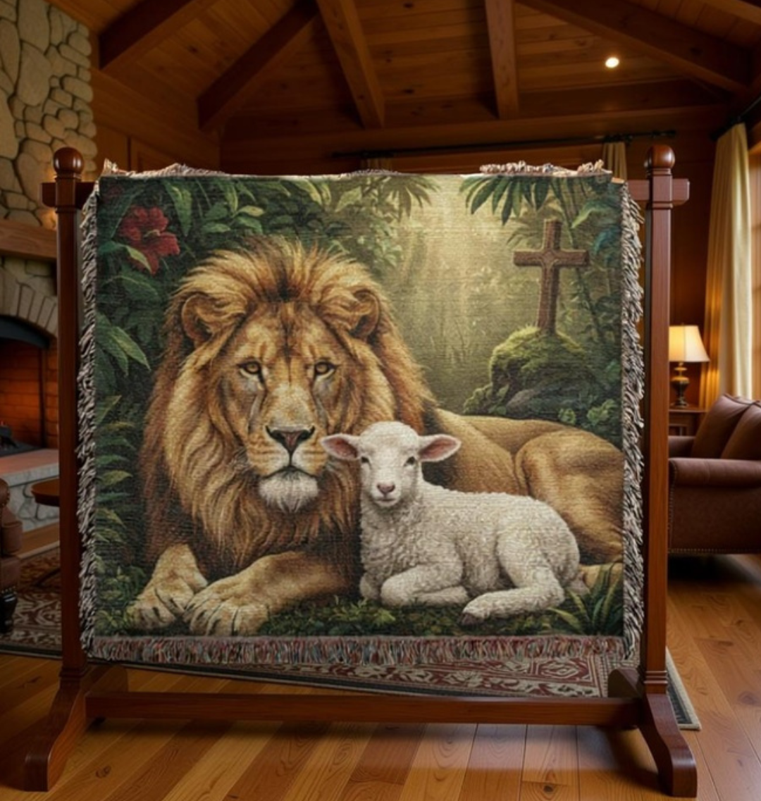 Lion and Lamb woven throw blanket featuring a heritage faith tapestry design with classic fringe detail

