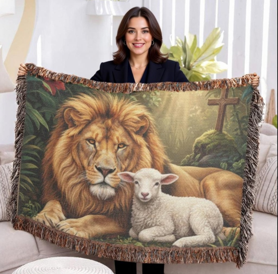 Woman holding a blanket with a lion and lamb design