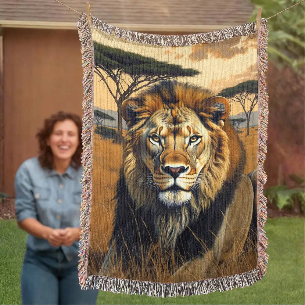 Lion woven blanket with safari-inspired wildlife art of majestic male lion on savanna