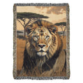 Lion woven blanket with safari-inspired wildlife art of majestic lion on savanna