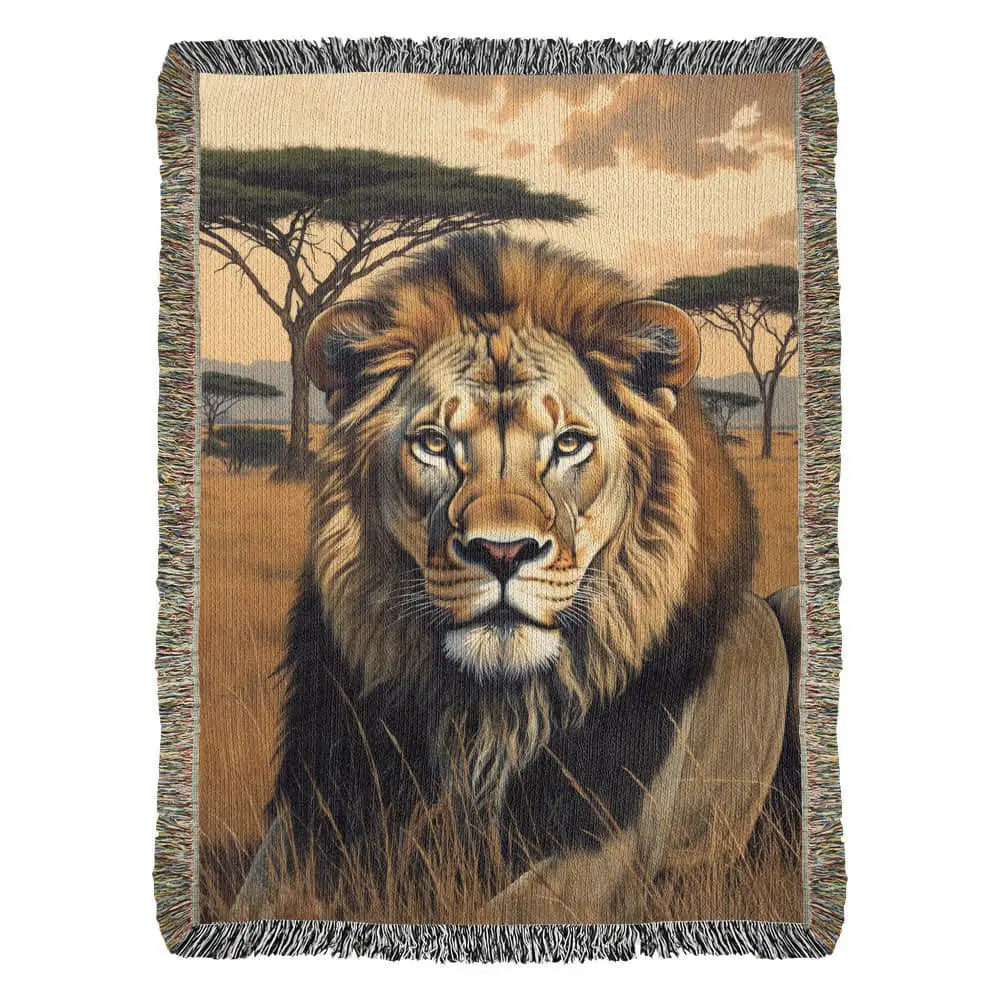 Lion woven blanket with safari-inspired wildlife art of majestic lion on savanna