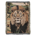 Lion woven blanket with detailed lion face in earthy tones and fringe