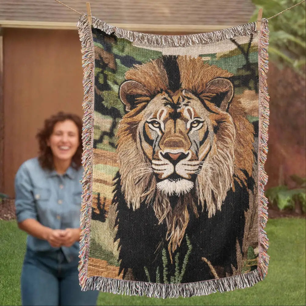 Lion woven blanket with golden lion, black mane on clothesline