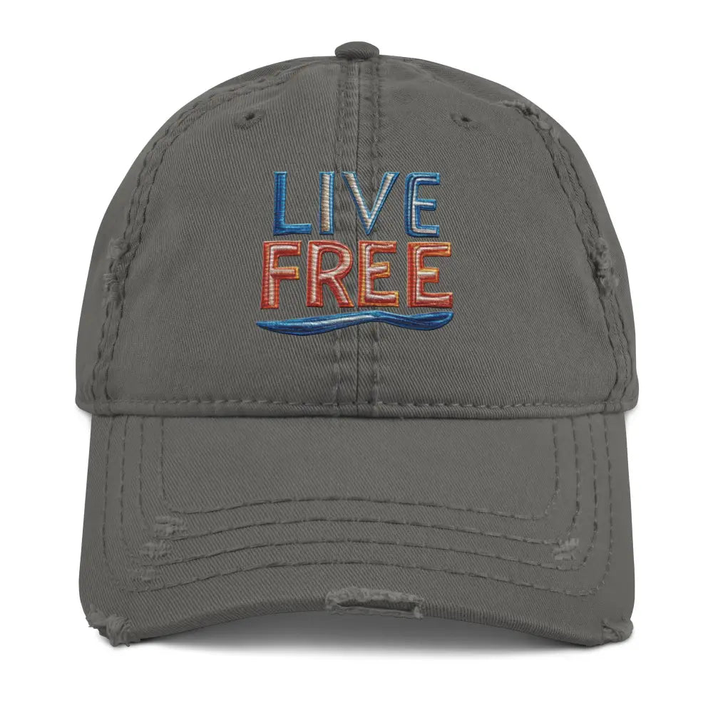 Distressed dad hat with live free embroidered by Trini Skies