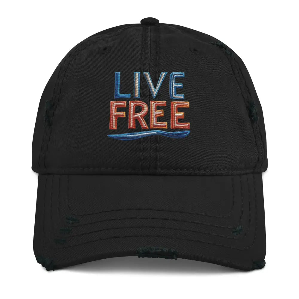 Black live free embroidered distressed dad hat by Trini Skies