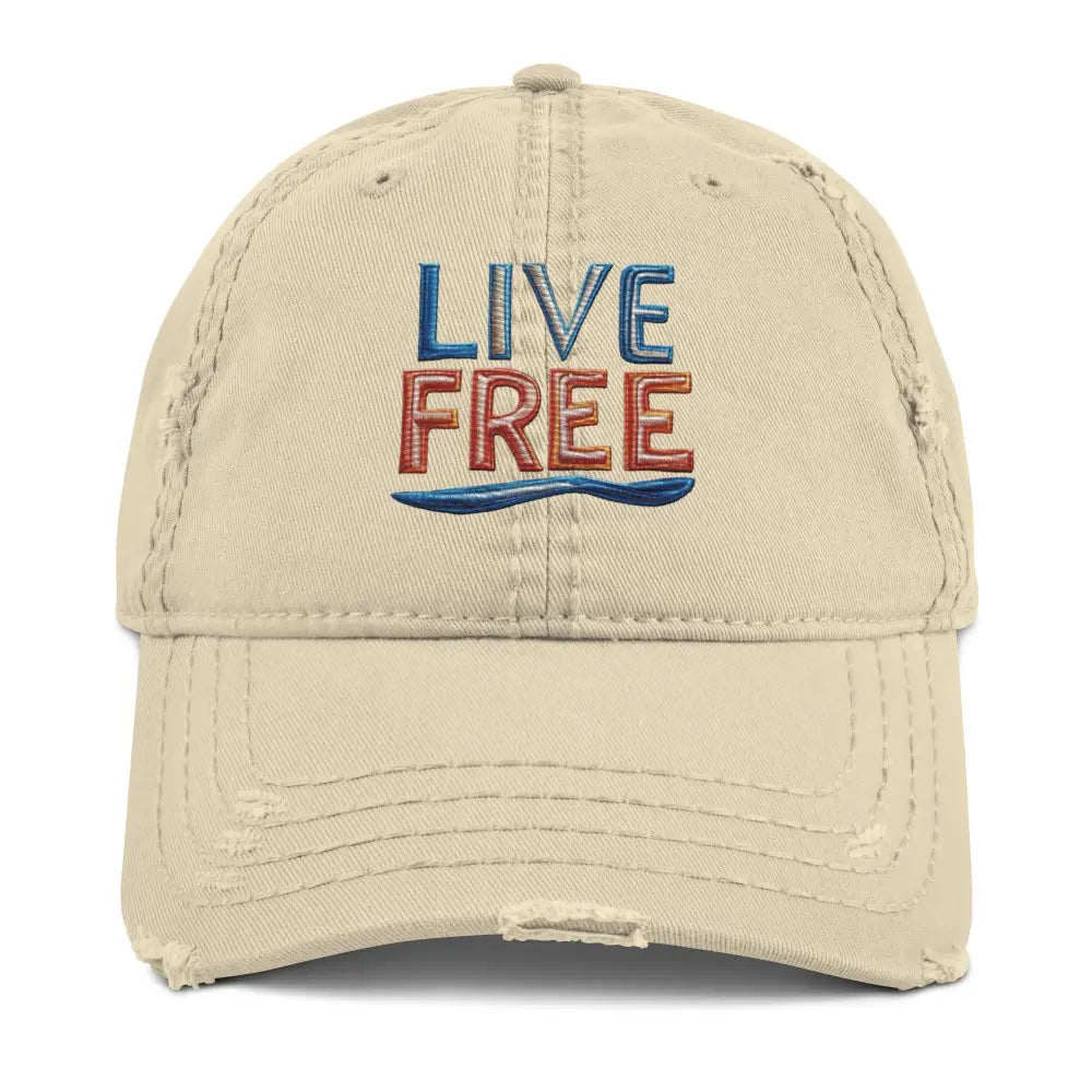 Distressed beige dad hat with live free embroidered in blue and red, Trini Skies