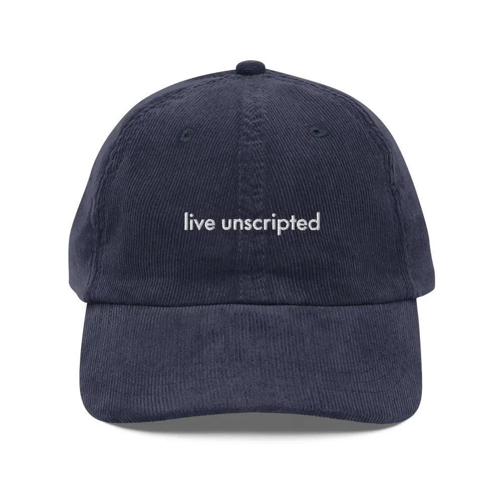 Trini Skies embroidered corduroy cap in navy blue with live unscripted
