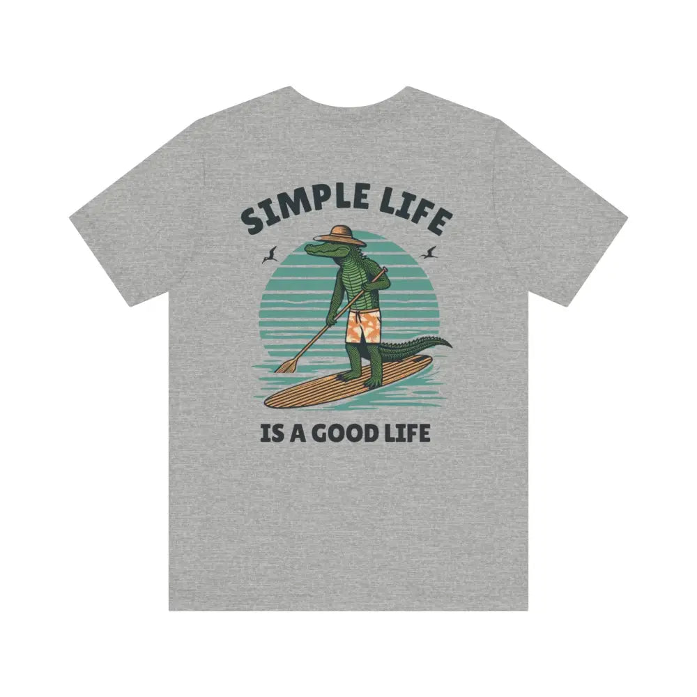 Best Life Alligator Graphic Tee: gray t-shirt with paddleboarding alligator