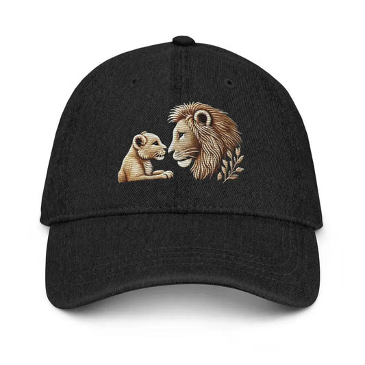 Love of the Lion and Cub Embroidered Denim Hat Nature Gift for Wildlife Lovers - Black - Hats black baseball cap