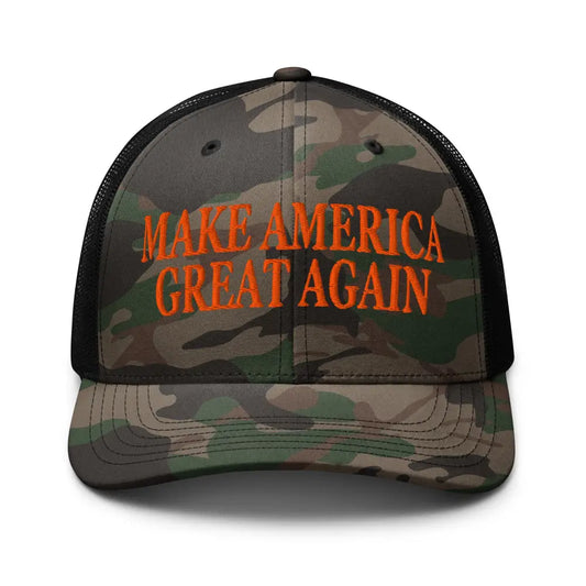 MAGA Embroidered Camo Trucker Hat | Make America Great Again Mesh Cap - Camo/Black - Hats camo print trucker hat orange