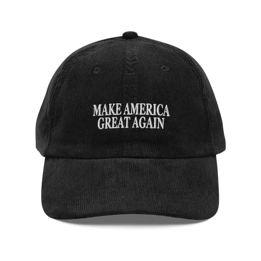 MAGA Embroidered Corduroy Cap | Make America Great Again Vintage Hat - Black - Hats black corduroy baseball cap make 1