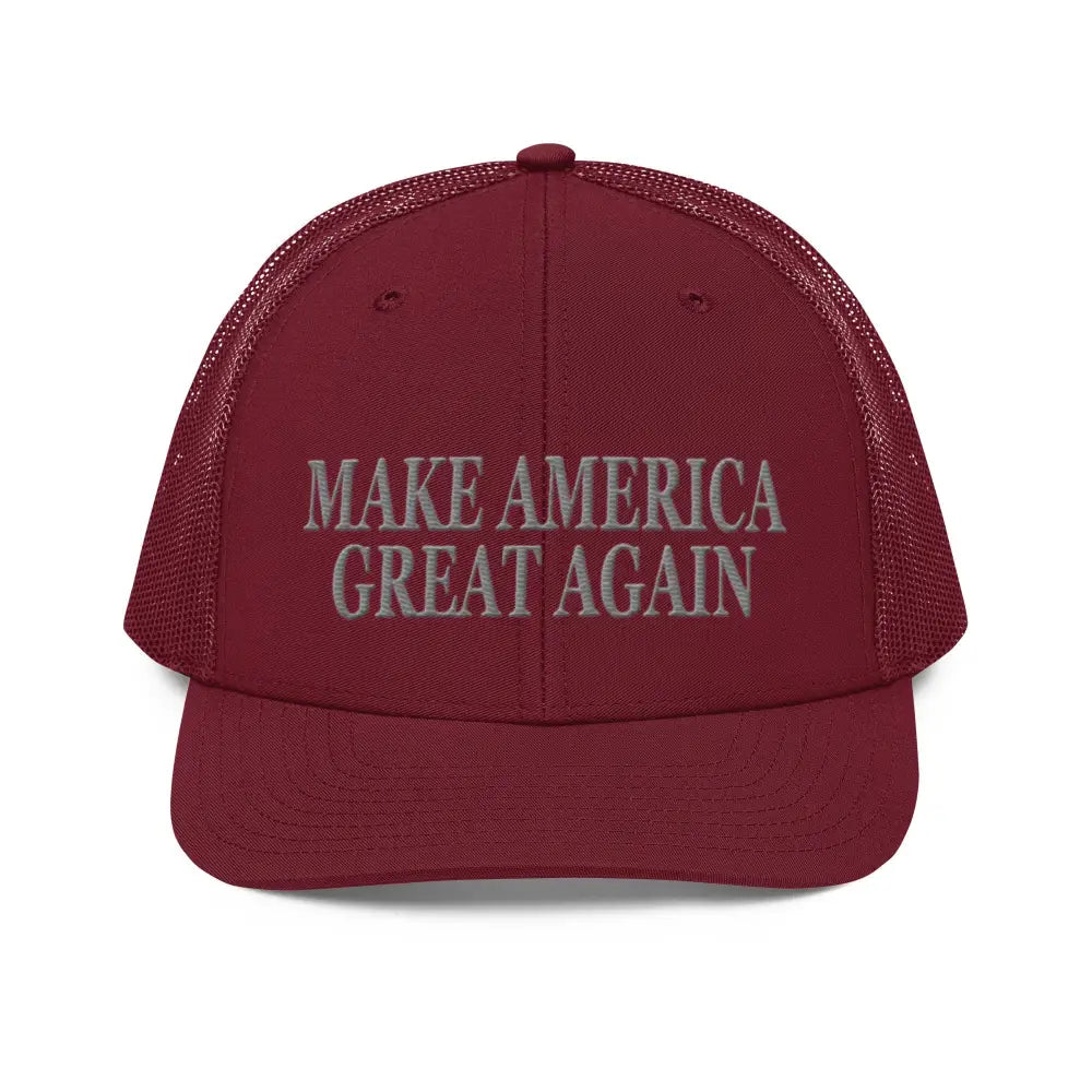 Maroon patriotic pride MAGA trucker cap with mesh back, premium MAGA hat, Richardson 112