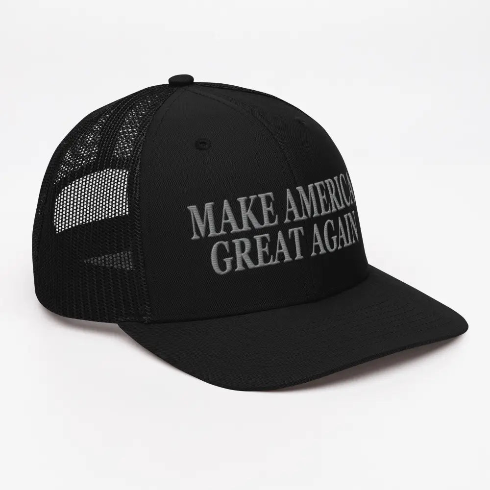 Black mesh back trucker cap with MAKE AMERICA GREAT AGAIN embroidery for patriotic pride