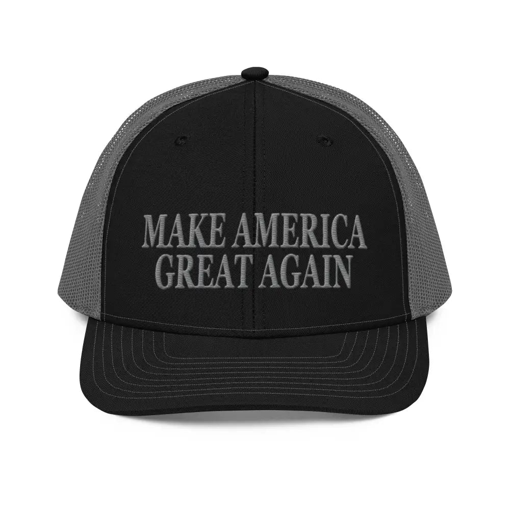 Black and gray mesh trucker cap with embroidered patriotic pride text, premium MAGA hat
