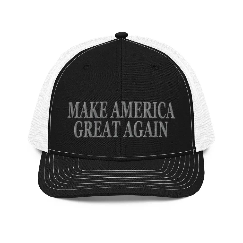 Black and white Make America Great Again trucker cap with patriotic pride embroidery