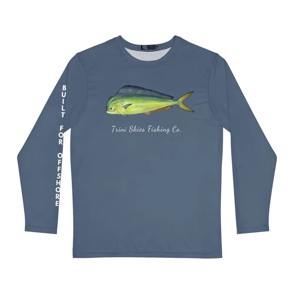 Trini Skies Mahi Mahi performance fishing shirt with offshore sleeve graphic