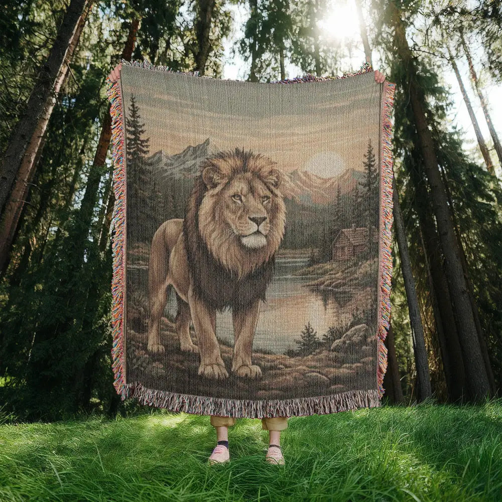 Majestic lion woven cabin wildlife tapestry throw with lake and mountains