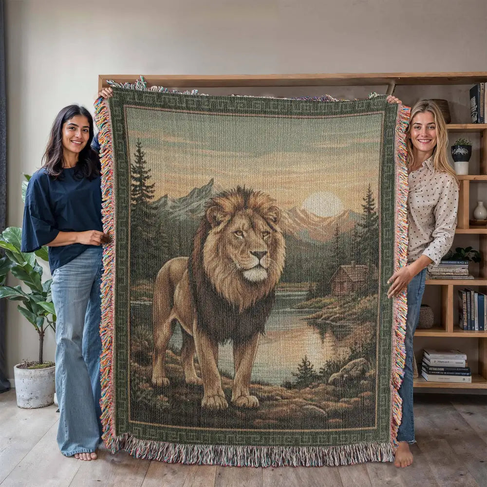 Majestic lion woven cabin wildlife tapestry throw in mountains
