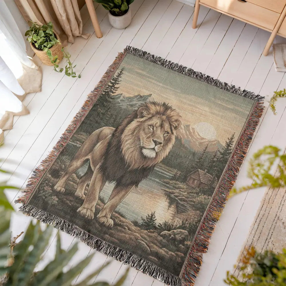 Majestic lion woven tapestry throw with mountain landscape