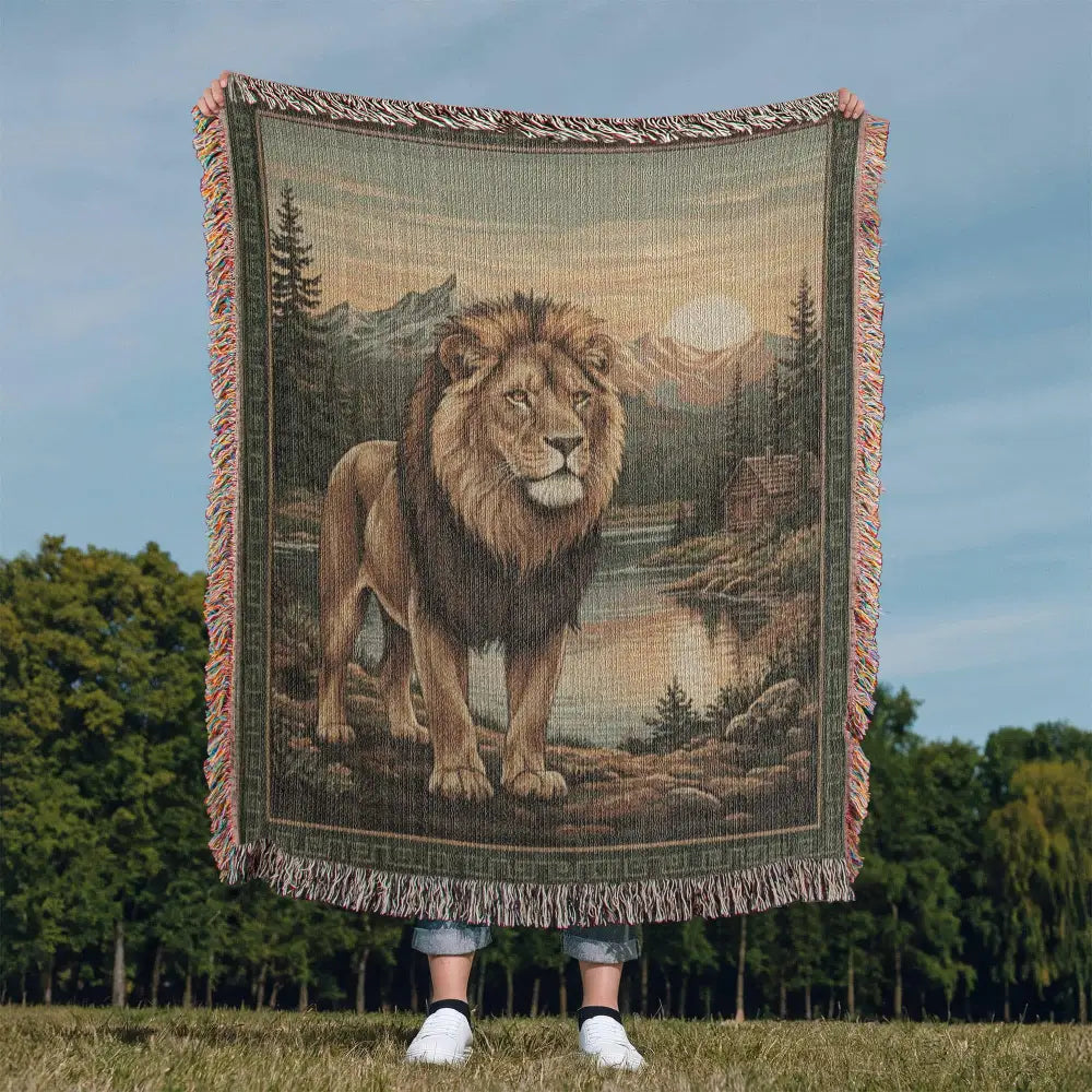 Majestic lion woven blanket in cabin wildlife tapestry throw design