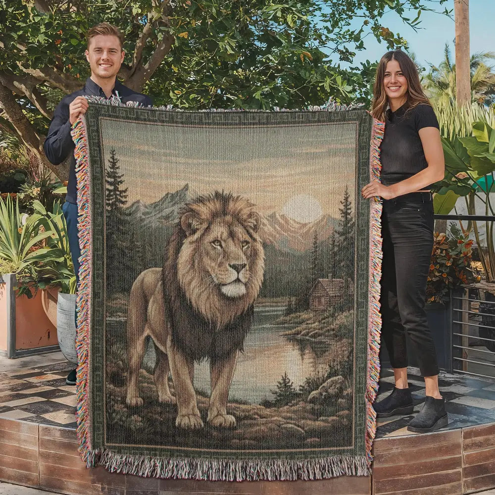 Majestic lion woven cabin wildlife tapestry throw with mountains