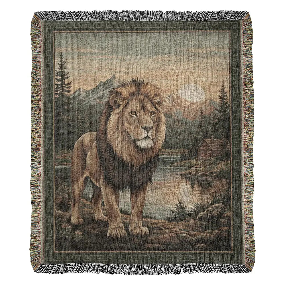 Majestic lion woven cabin wildlife tapestry throw at sunset