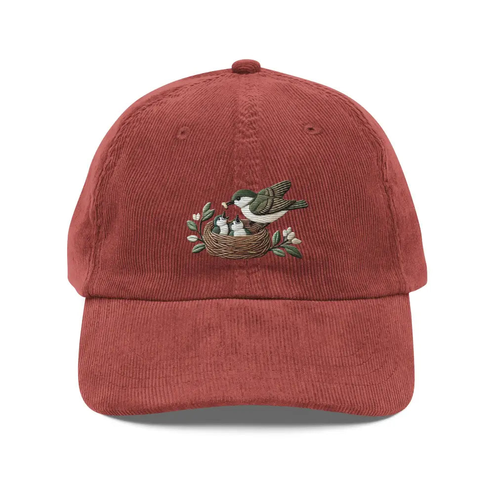 Embroidered mama bird feeding baby birds vintage corduroy cap