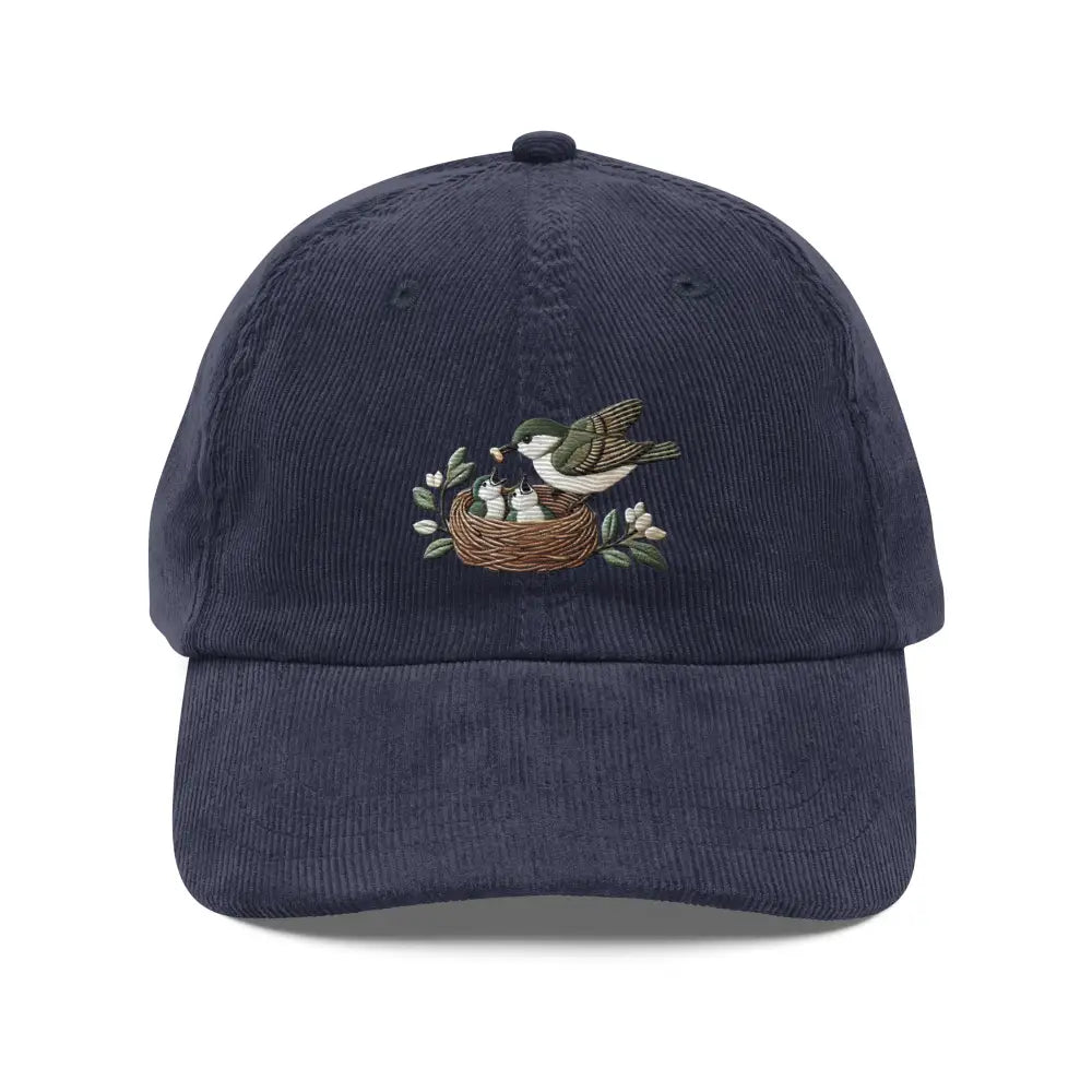 Navy blue mama bird feeding embroidered vintage corduroy cap