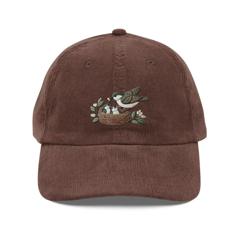 Mama bird feeding embroidered vintage corduroy cap with bird nest
