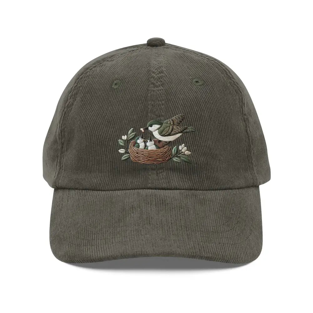 Olive green embroidered vintage corduroy cap with mama bird feeding design