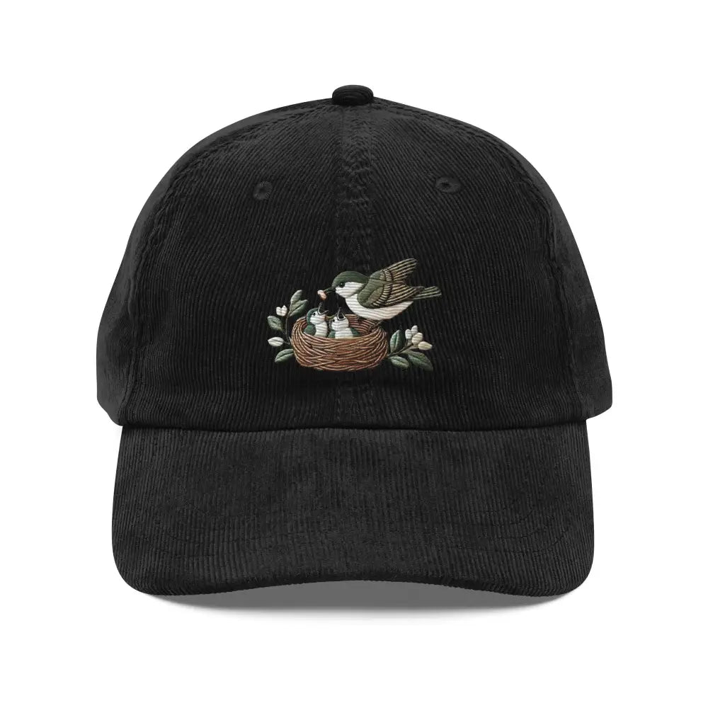 Embroidered mama bird feeding chicks on vintage corduroy cap