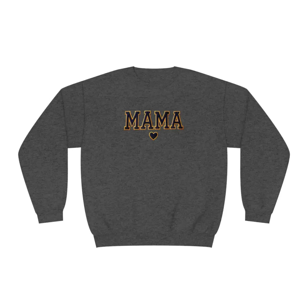 Mama Varsity Retro Graphic Crewneck Sweatshirt in Dark Gray with Gold MAMA Lettering