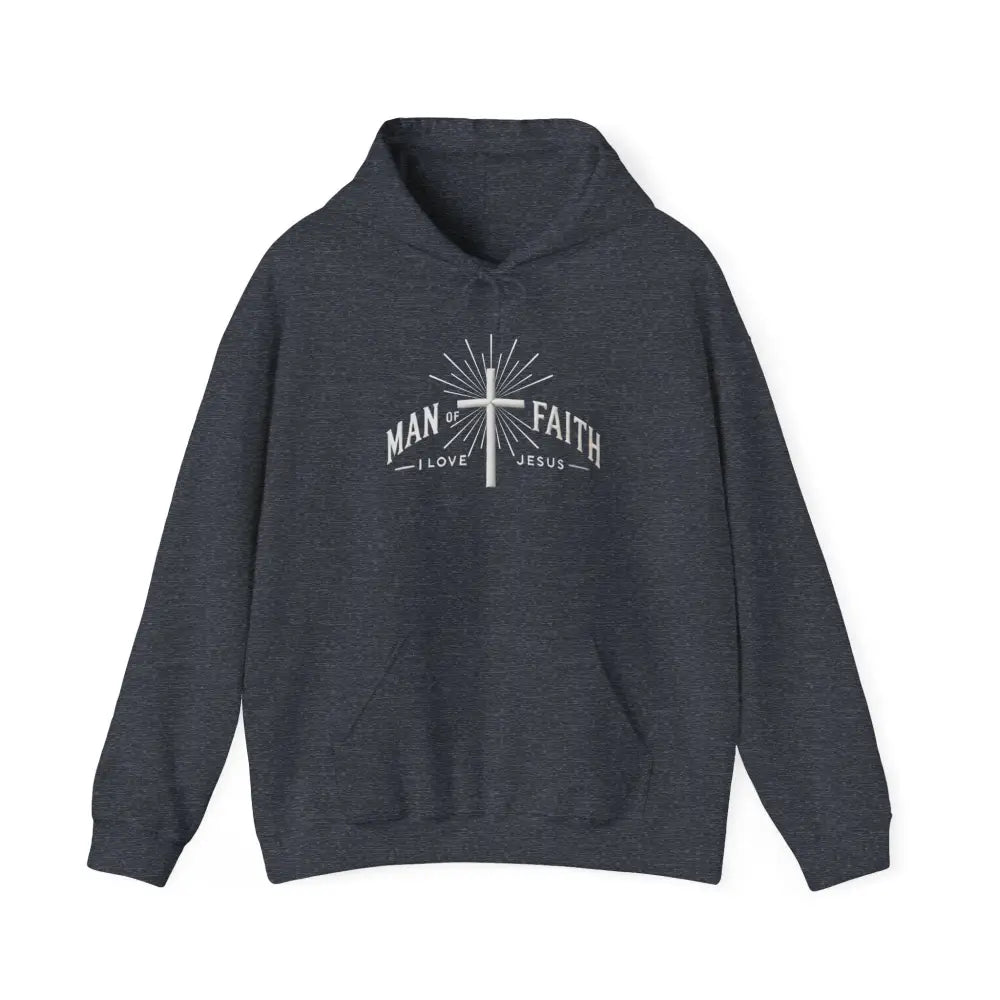 Man of Faith I Love Jesus graphic hoodie with white cross