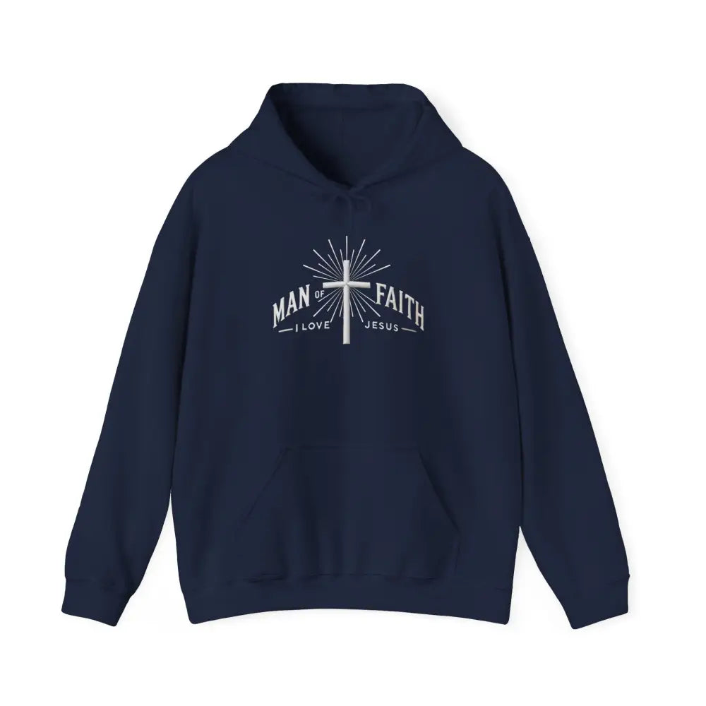 Dark blue Man of Faith hoodie with love jesus graphic design