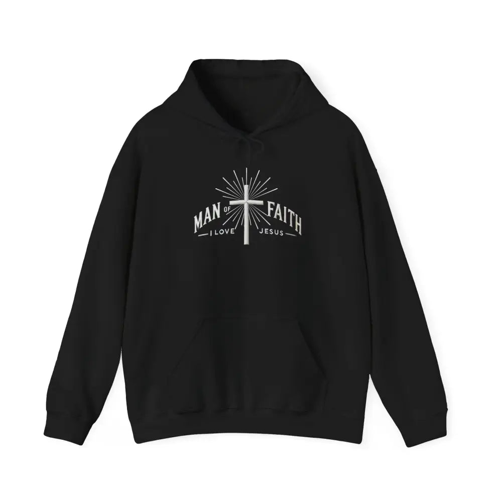 Black hooded Man of Faith I Love Jesus graphic sweatshirt