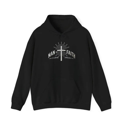 Black hooded Man of Faith I Love Jesus graphic sweatshirt