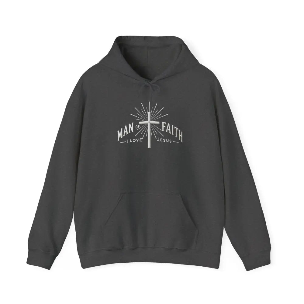Dark gray Man of Faith hoodie with love jesus graphic