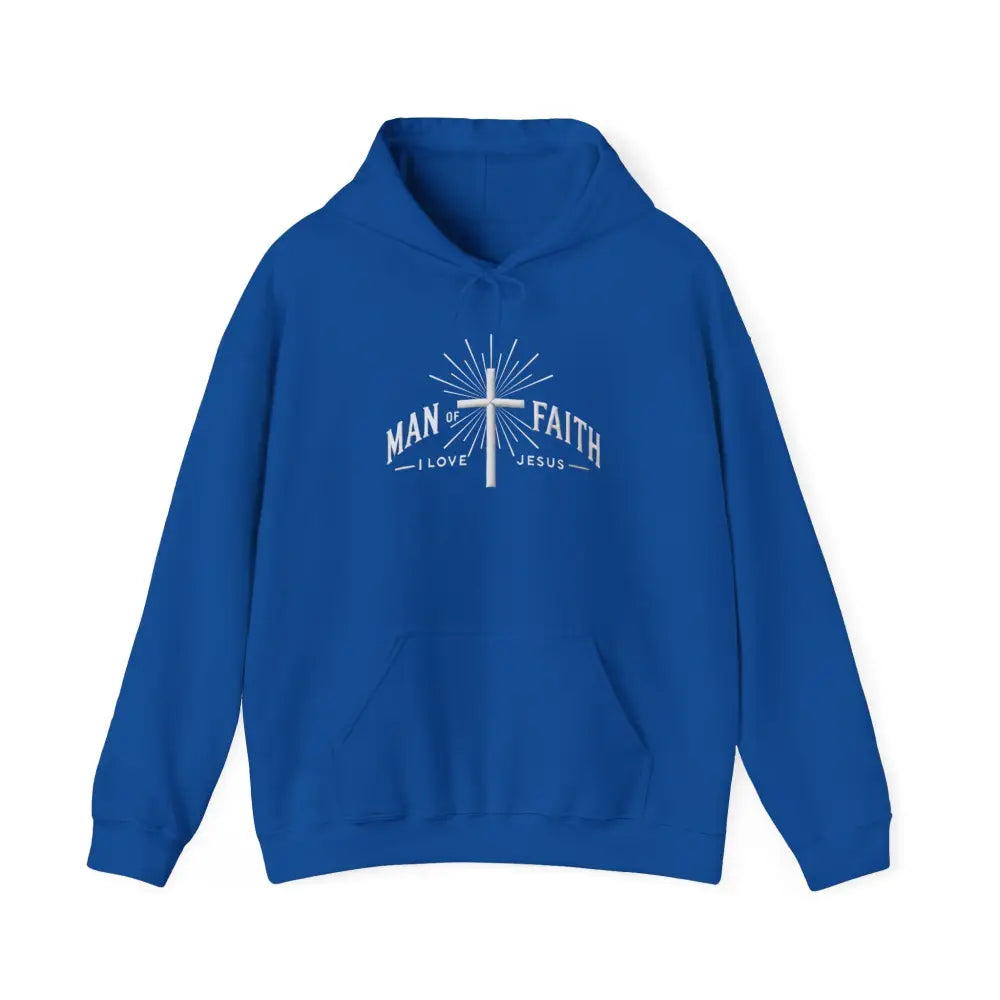 Royal blue Man of Faith I Love Jesus graphic hoodie for chilly days